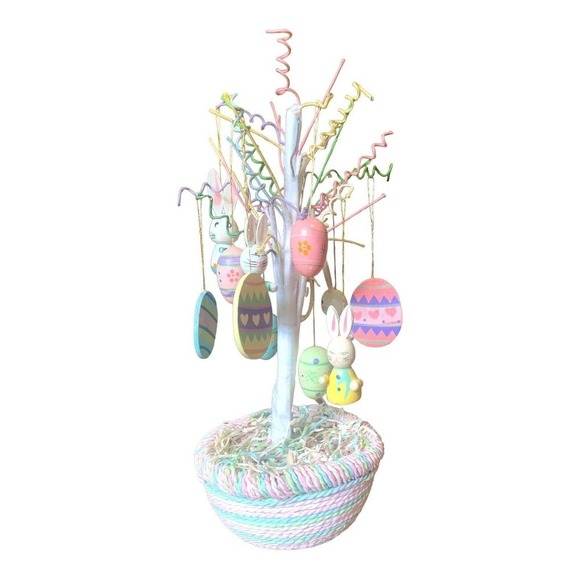 Other - Vintage Easter Tree Colorful Wire Branches w/ 12 Original Wooden Ornaments 12"